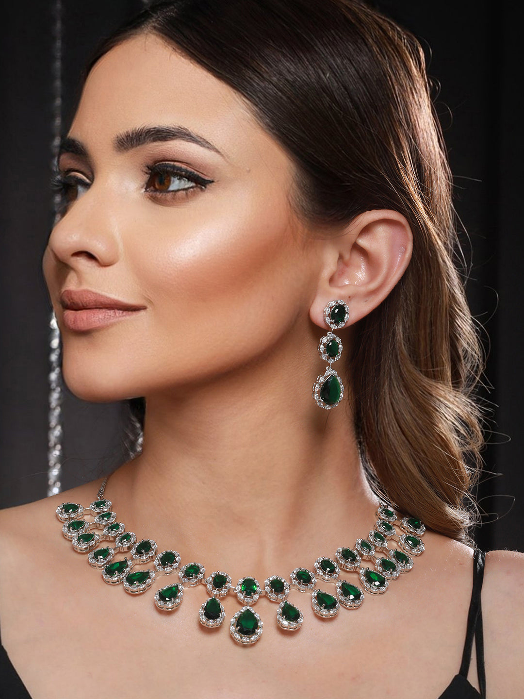 Silver Plated green CZ Studded Luxe Jewellery Set