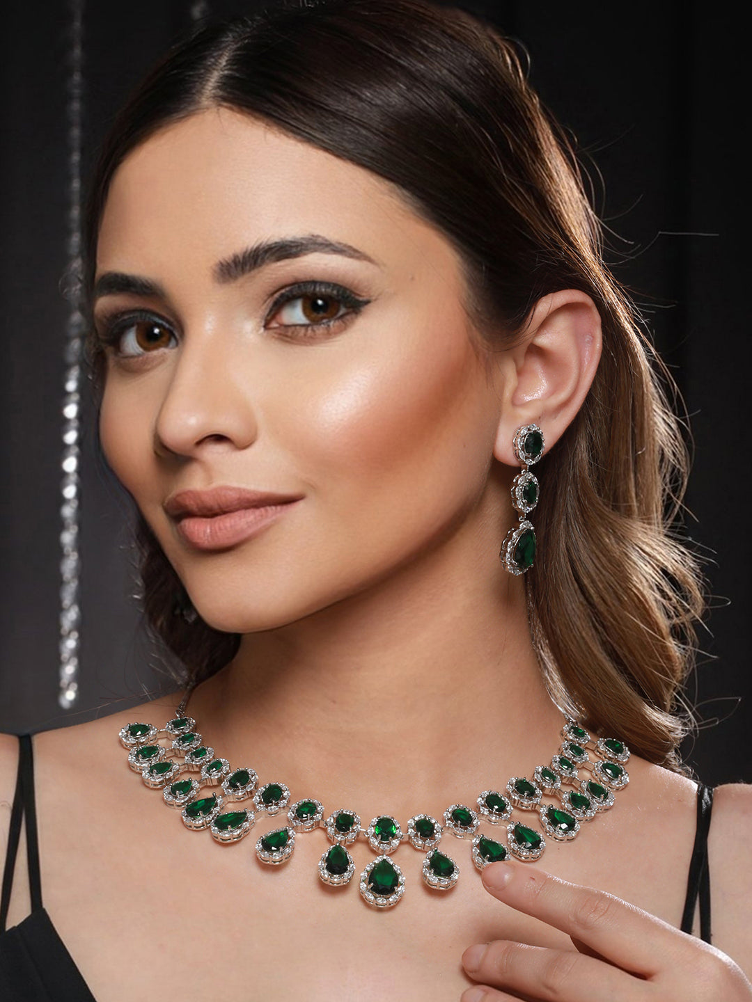 Silver Plated green CZ Studded Luxe Jewellery Set