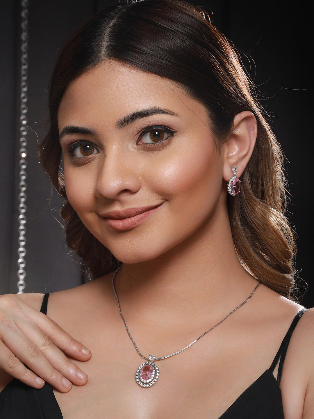 Silver Toned Pink CZ Studded Luxe Minimal Locket Jewellery Set