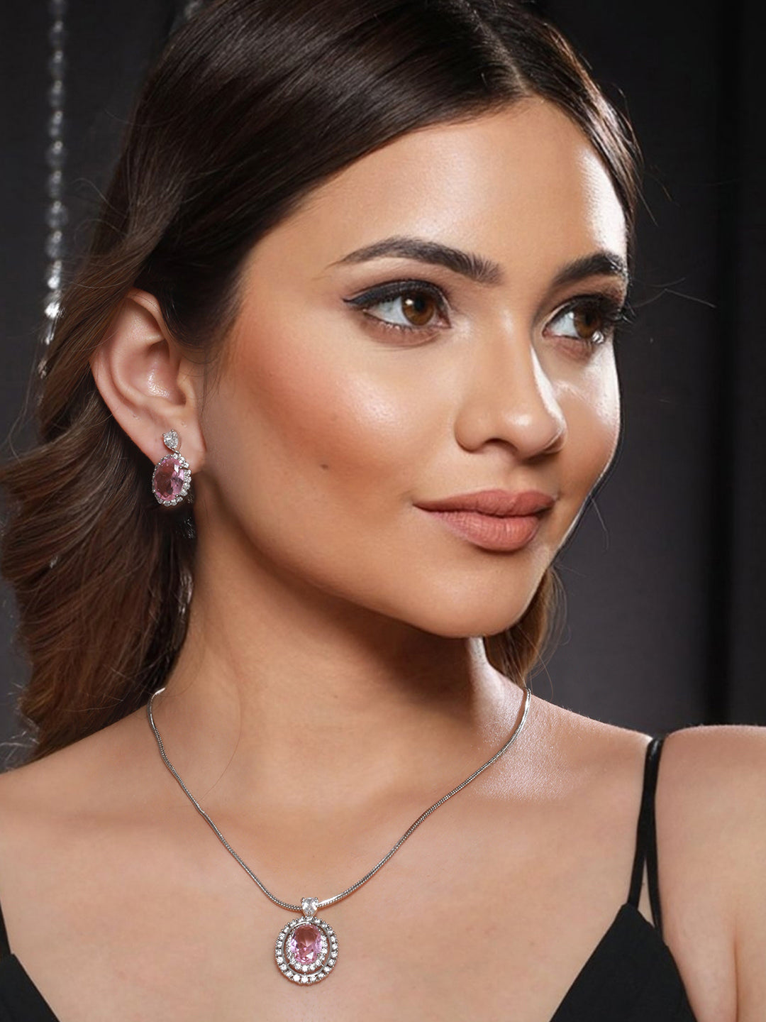 Silver Toned Pink CZ Studded Luxe Minimal Locket Jewellery Set