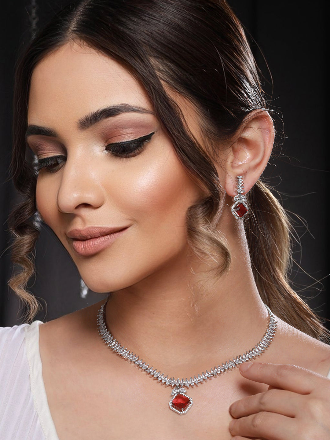 Silver Toned Red CZ Studded Minimal Designer jewellery Set