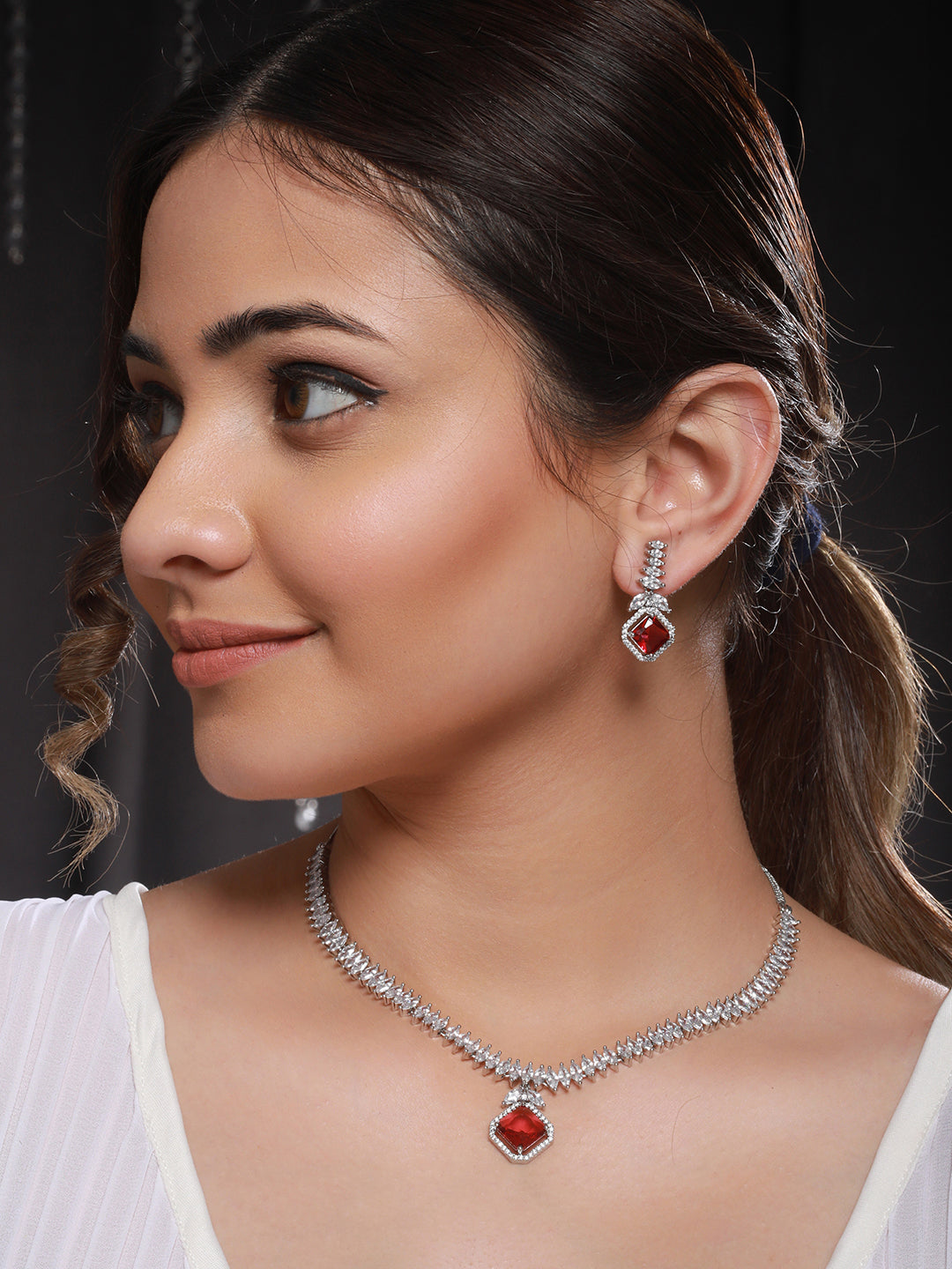 Silver Toned Red CZ Studded Minimal Designer jewellery Set