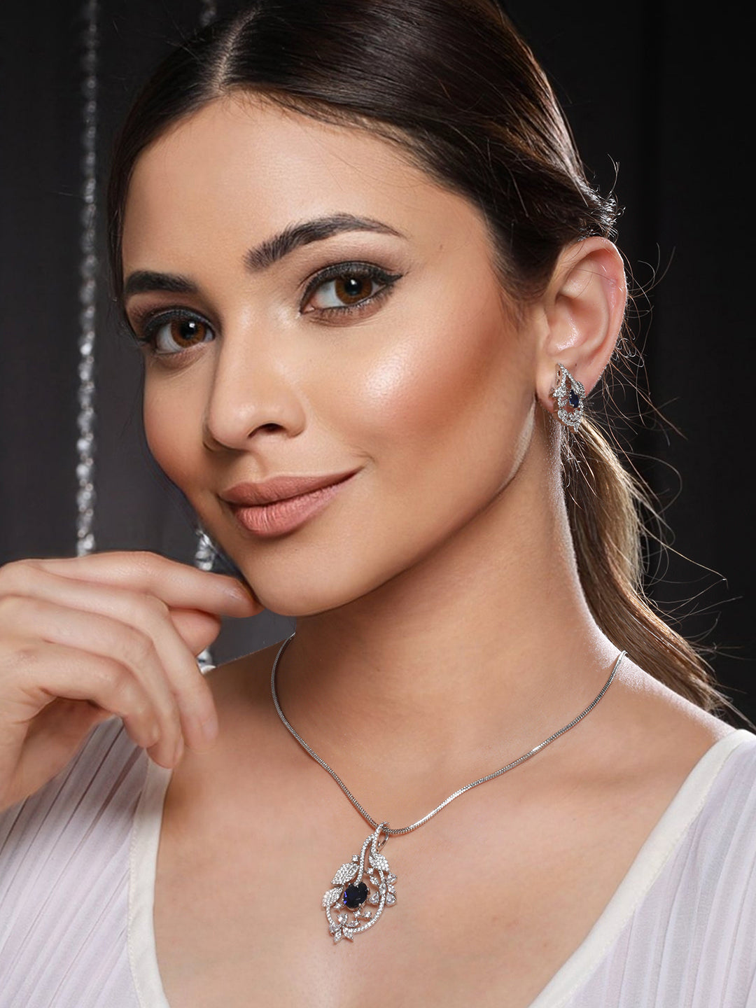 Silver Plated Blue AD Studded Floral Designer Pendant Jewellery Set