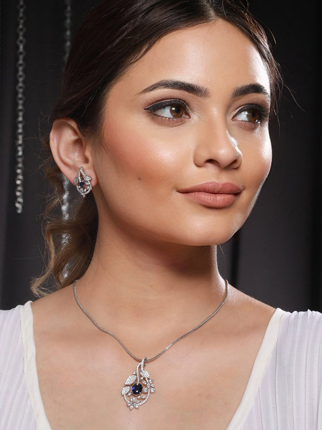 Silver Plated Blue AD Studded Floral Designer Pendant Jewellery Set