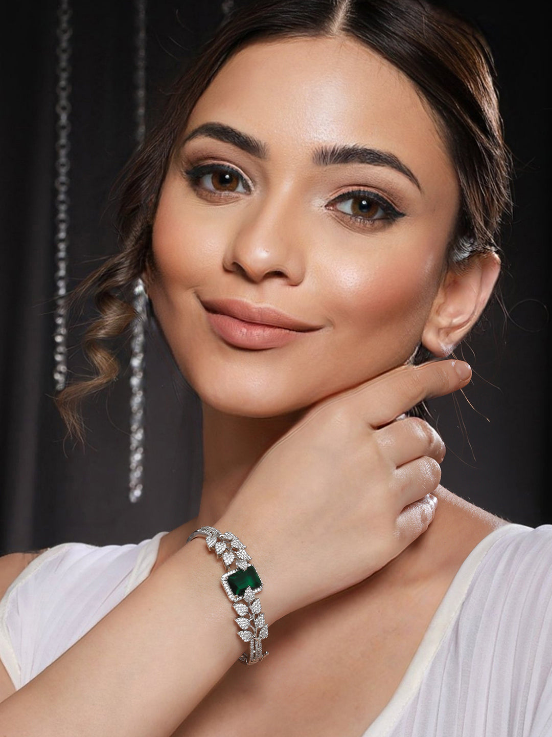 Silver Toned Green AD Studded Designer Handcrafted Bracelet