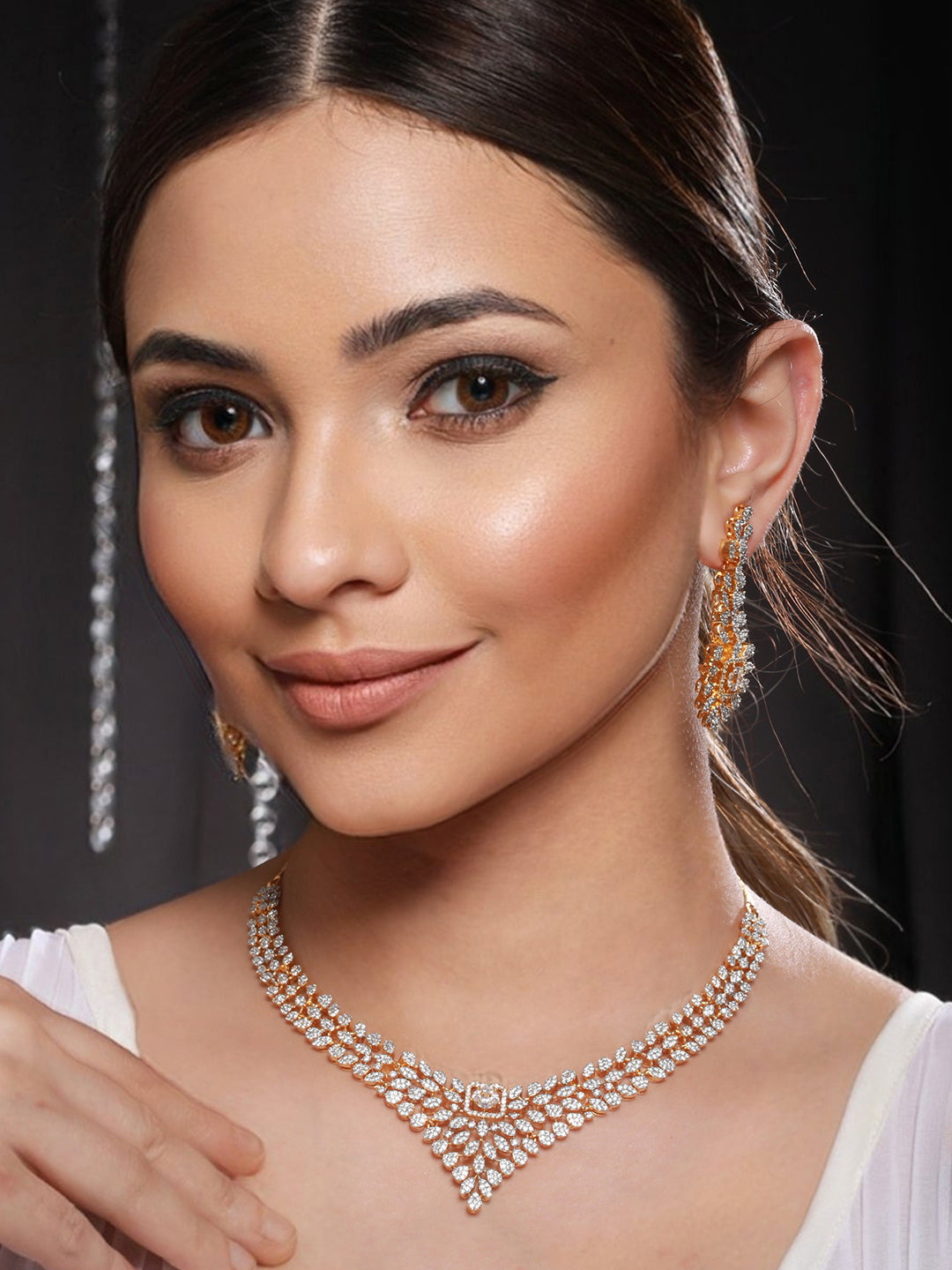 Gold Toned White CZ Studded designer Jewellery Set