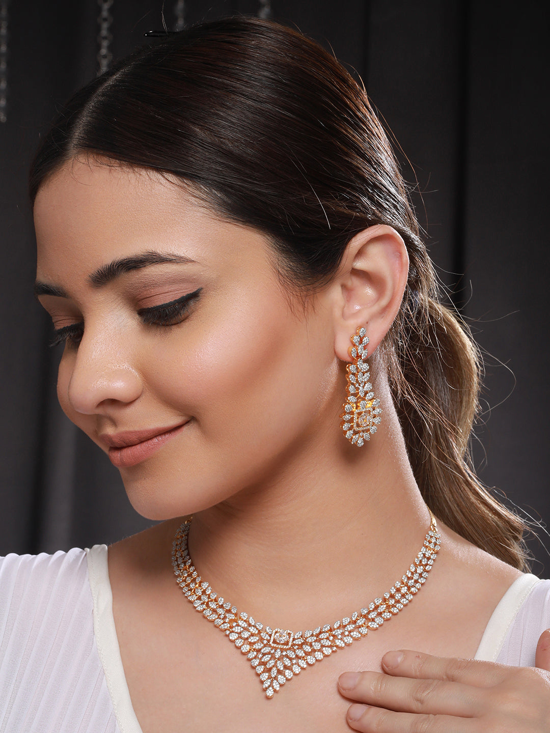 Gold Toned White CZ Studded designer Jewellery Set