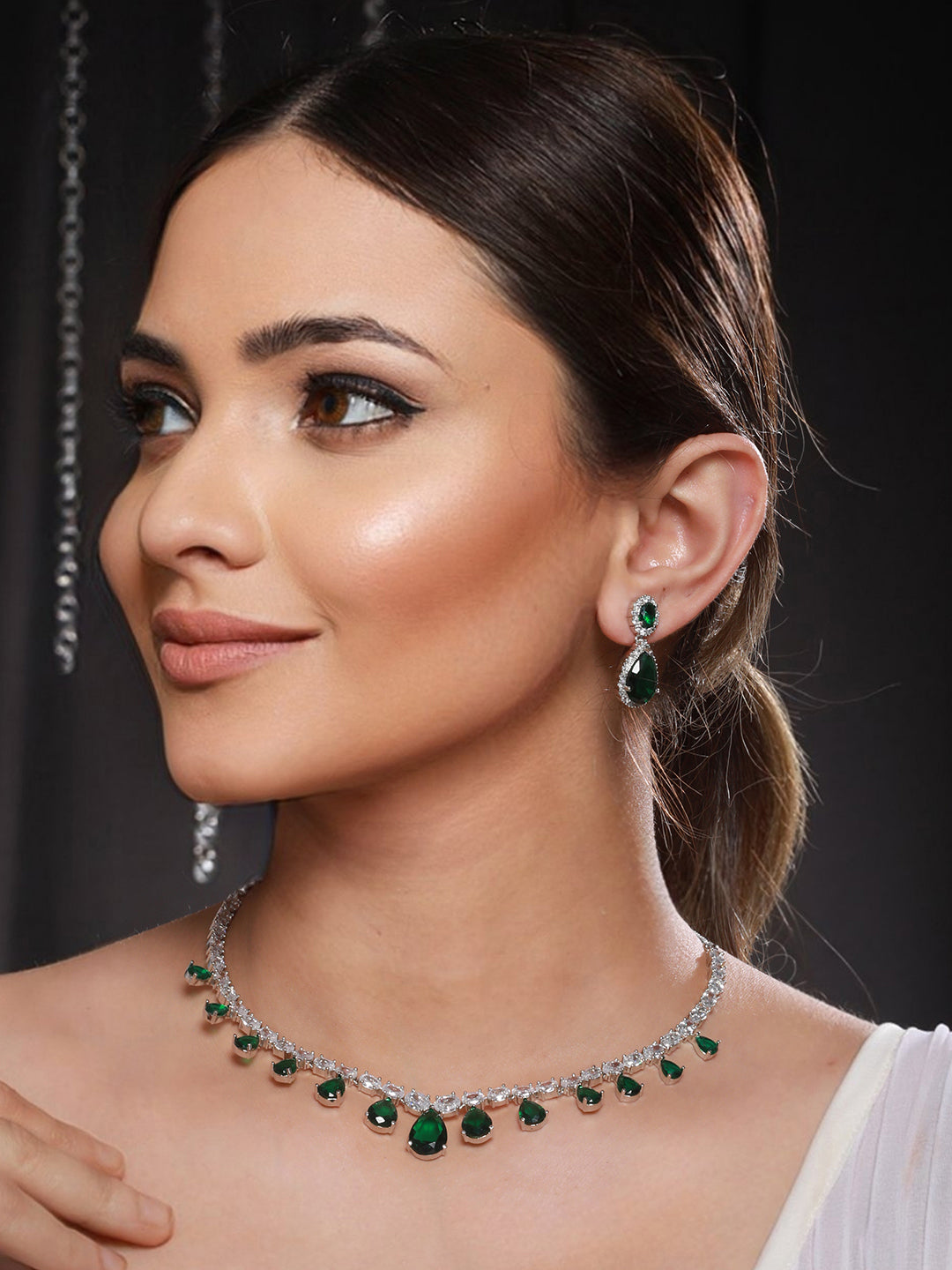 Rhodium Plated green CZ Studded Single Line Minimal Jewellery Set