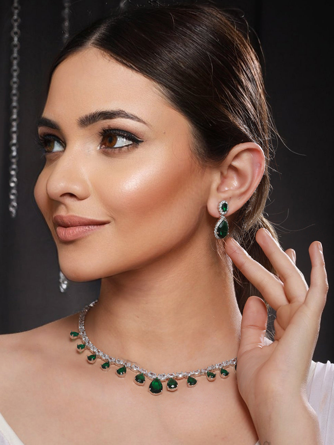 Rhodium Plated green CZ Studded Single Line Minimal Jewellery Set