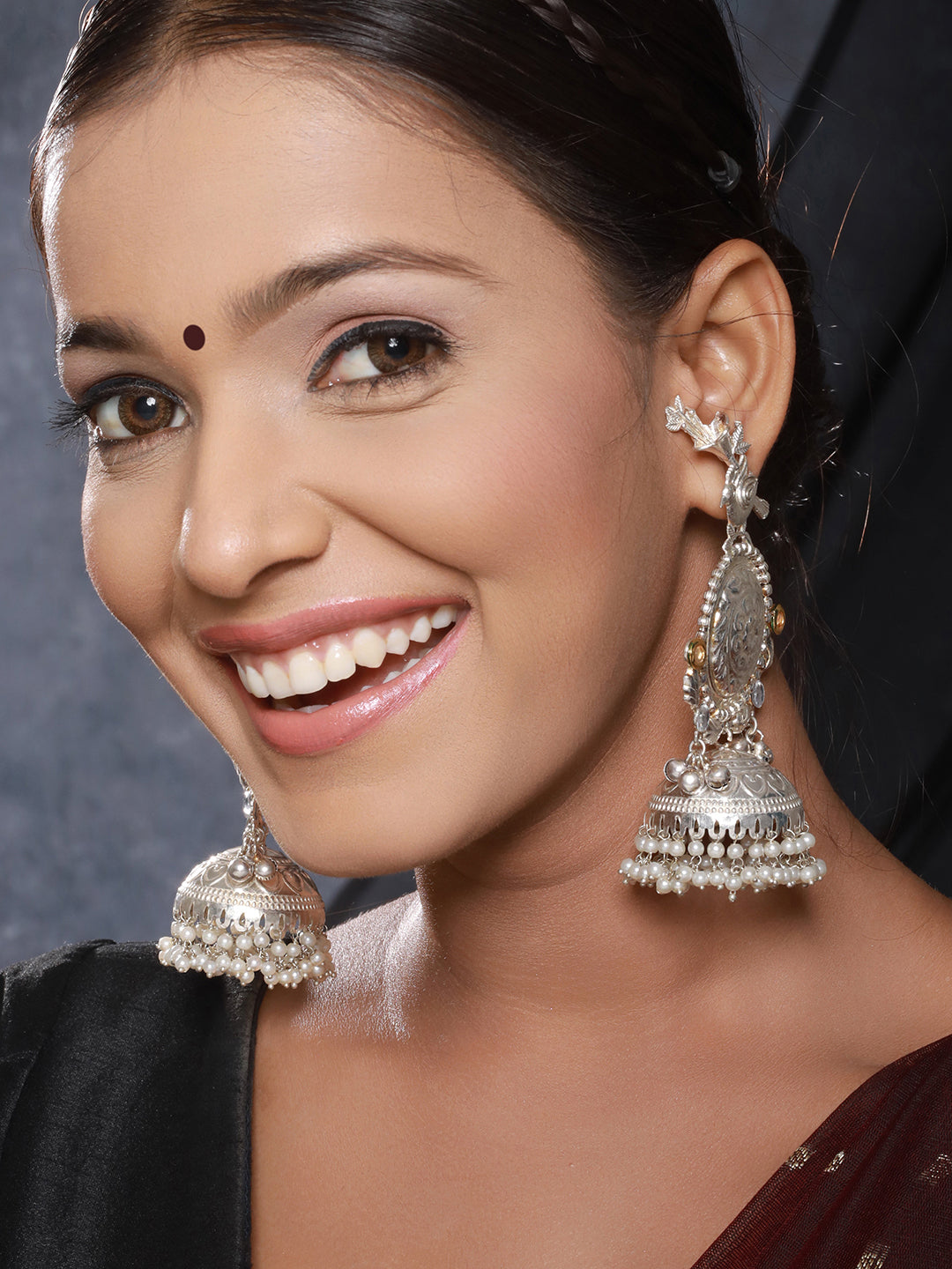 Silver Oxidised Kundan Studded Pearl Beaded Fusion Statement Light Weight Large Jhumka Earring