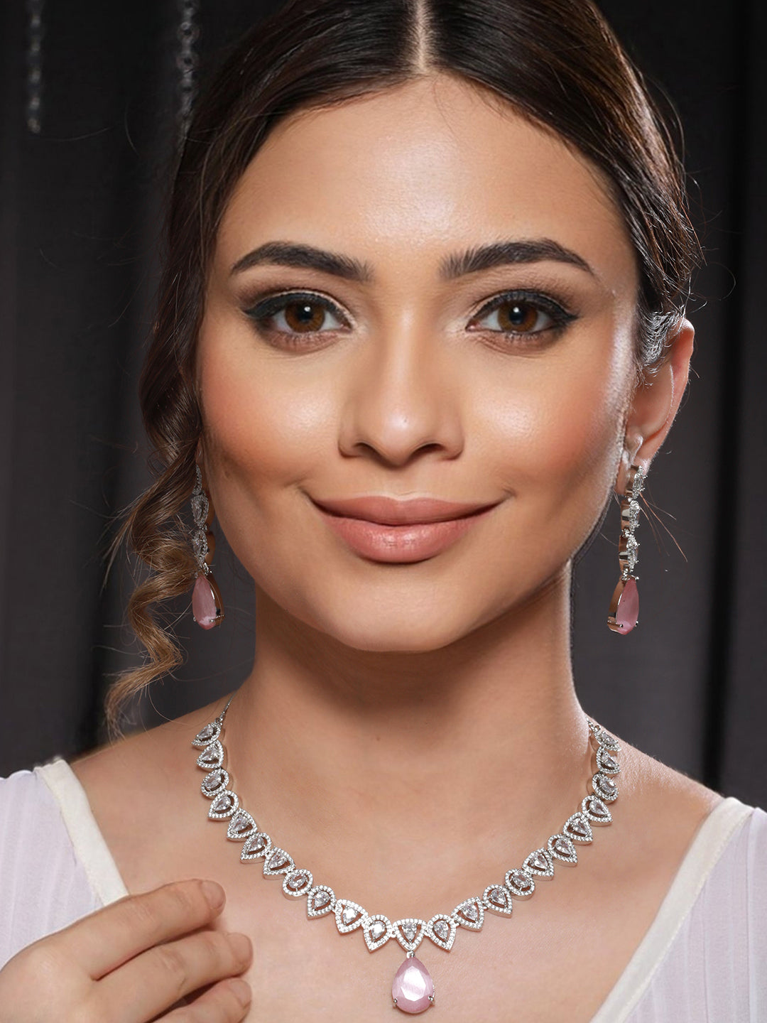 White Rhodium Pink AD Studded Luxe Minimal Jewellry Set