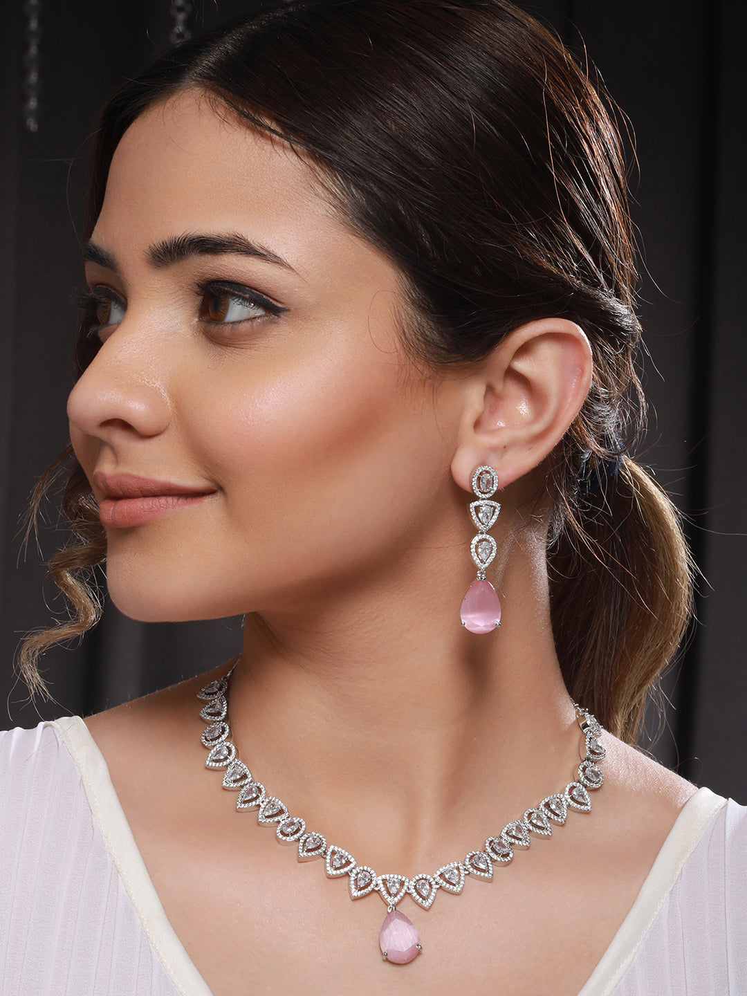 White Rhodium Pink AD Studded Luxe Minimal Jewellry Set