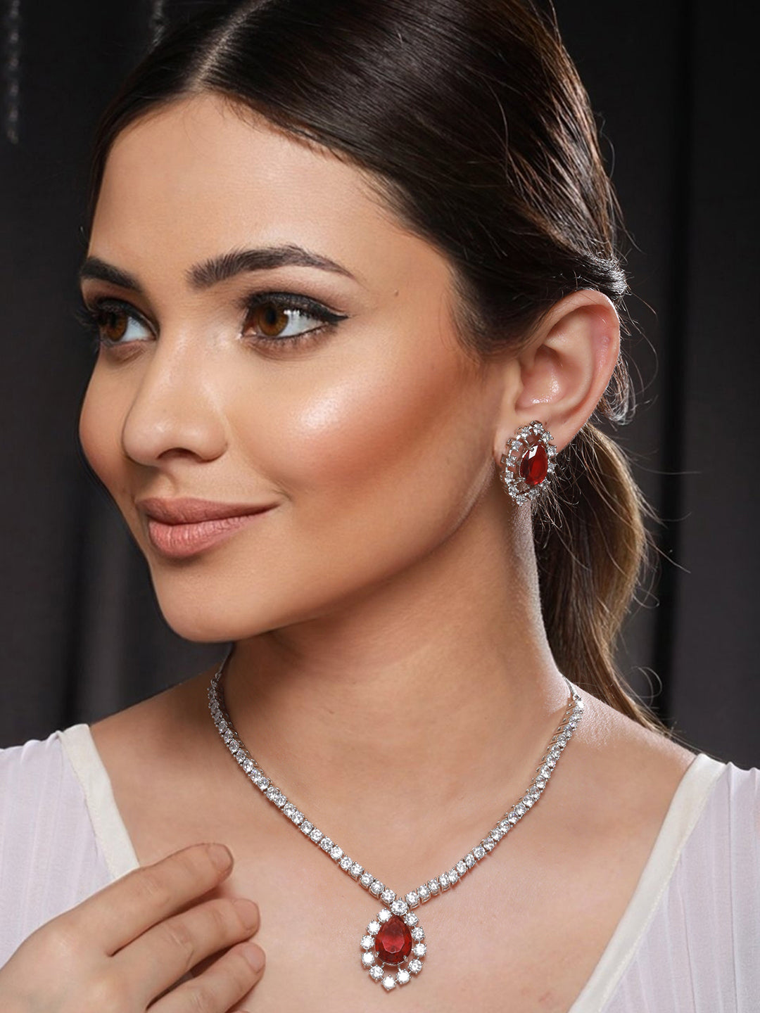 Silver Plated Red CZ Studded Minimal Delicate Jewellery Set