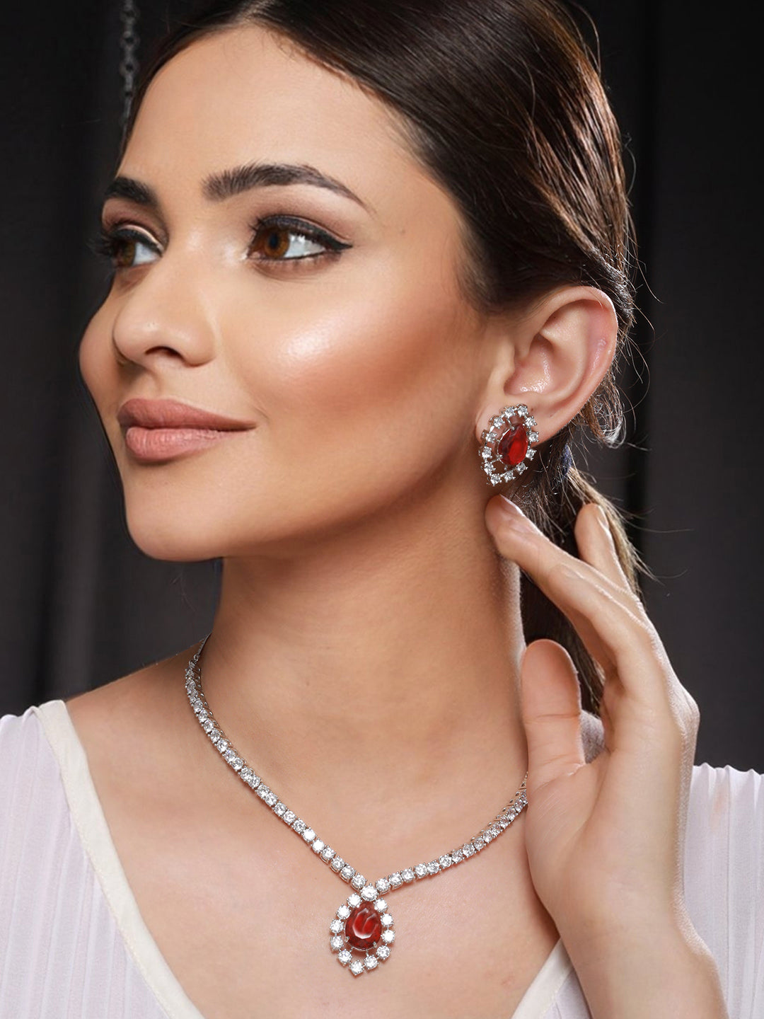 Silver Plated Red CZ Studded Minimal Delicate Jewellery Set