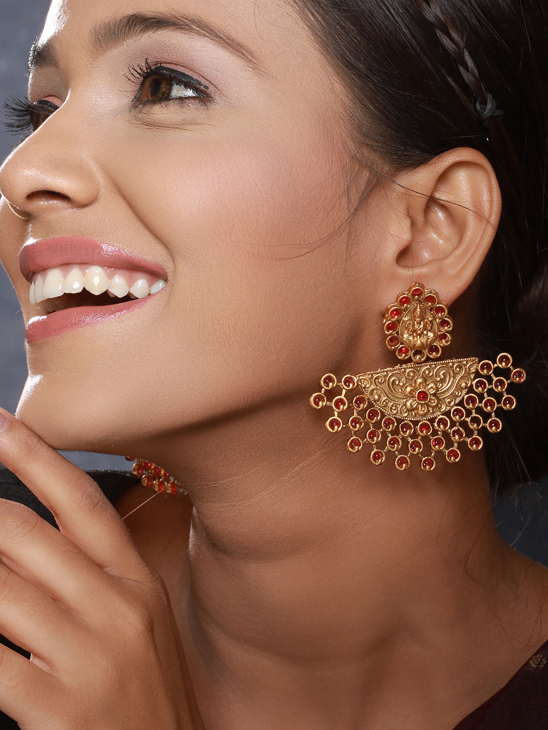 Gold Plated Red Stones Temple Lakshmiji Chandbali earrings