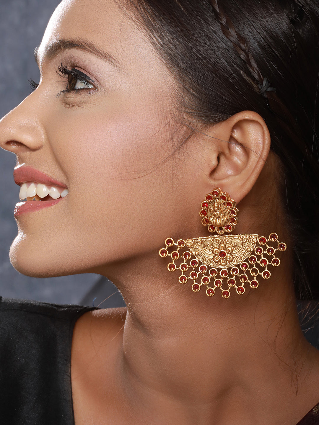 Gold Plated Red Stones Temple Lakshmiji Chandbali earrings