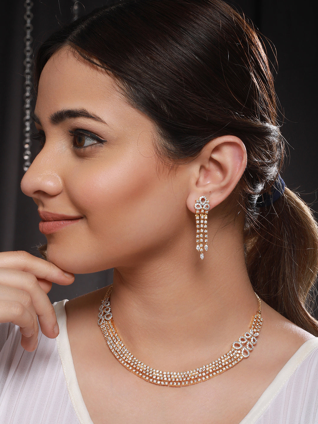 Gold Polished White CZ Studded  contemporary Jewellery set