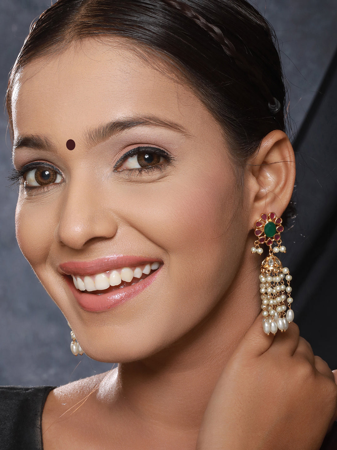 Gold plated Red Green AD Pearl Lightweight Jhumka Earrings