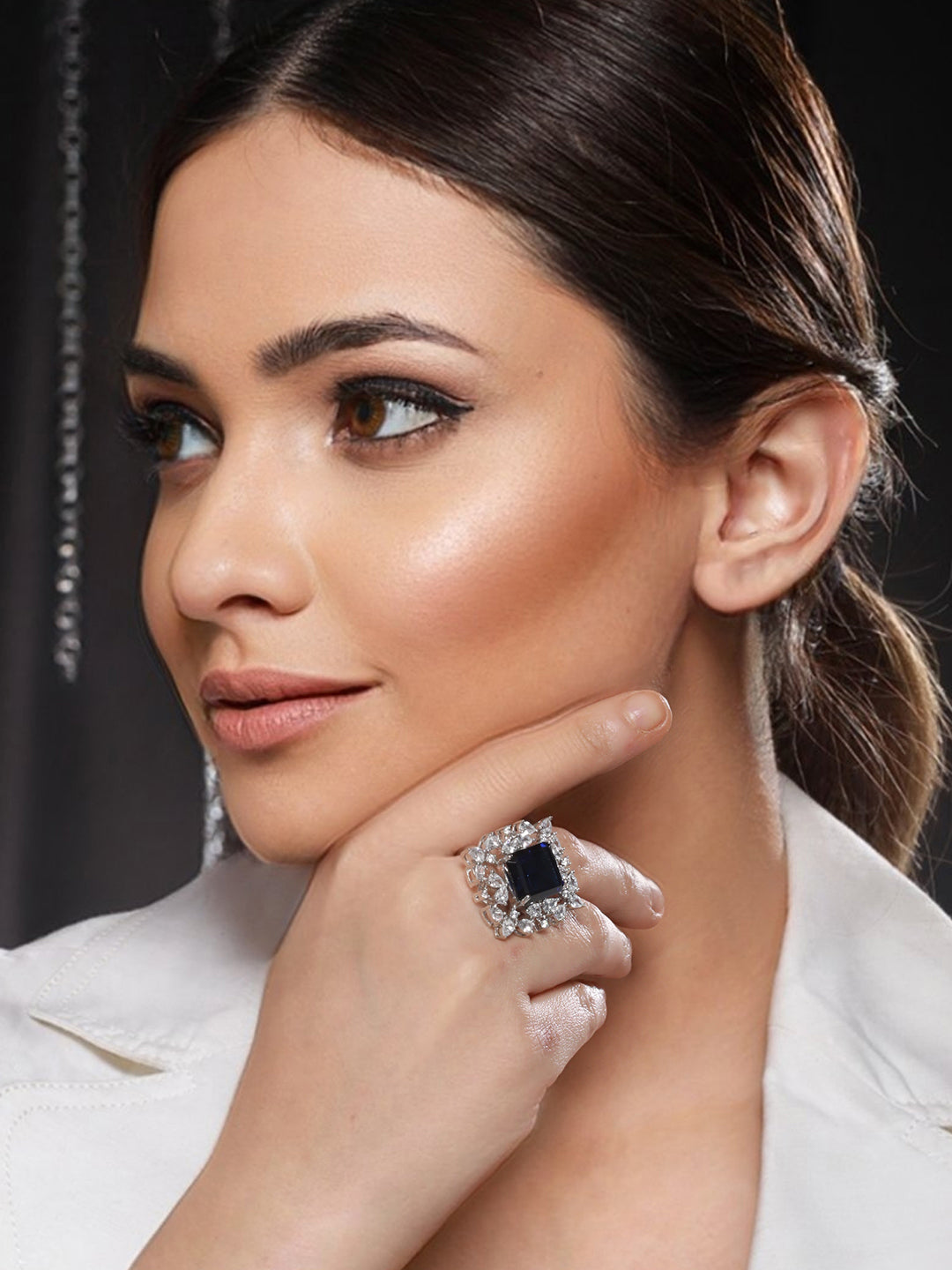 Silver Plated Blue CZ Studded Cocktail Designer Finger Ring