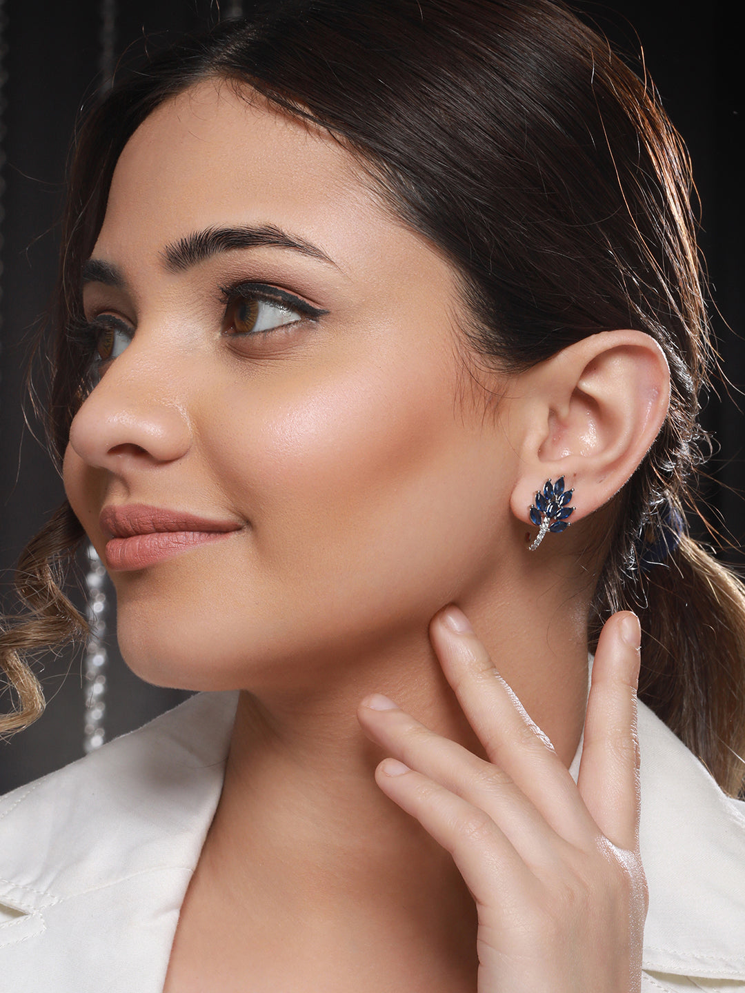 White Rhodium Blue AD Studded Minimal Studs Earrings