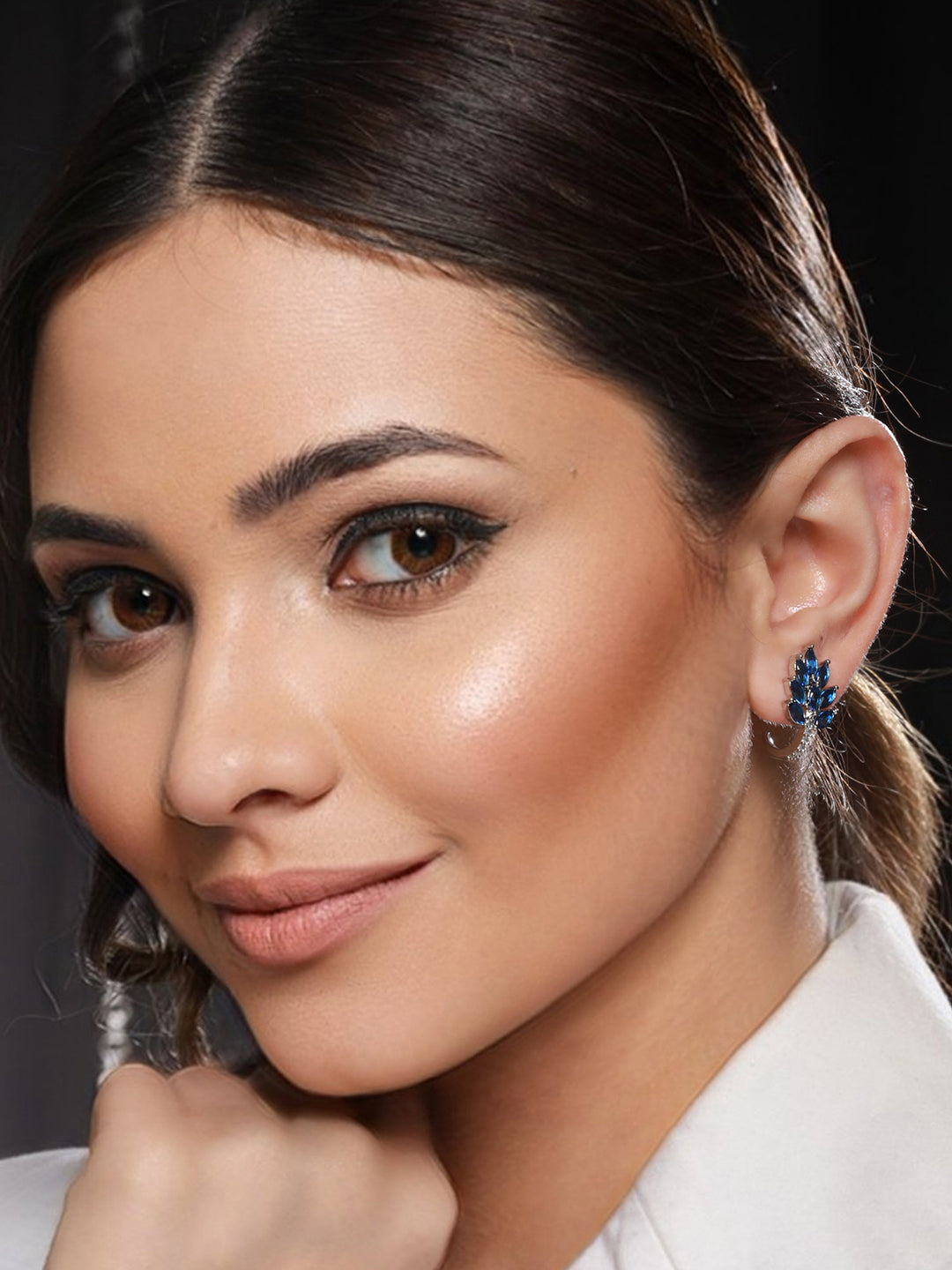 White Rhodium Blue AD Studded Minimal Studs Earrings