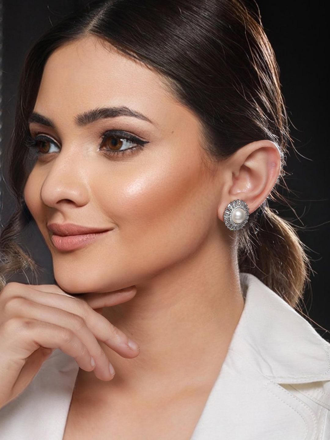 Silver Plated CZ Studded Pearl minimal Studs Earrings