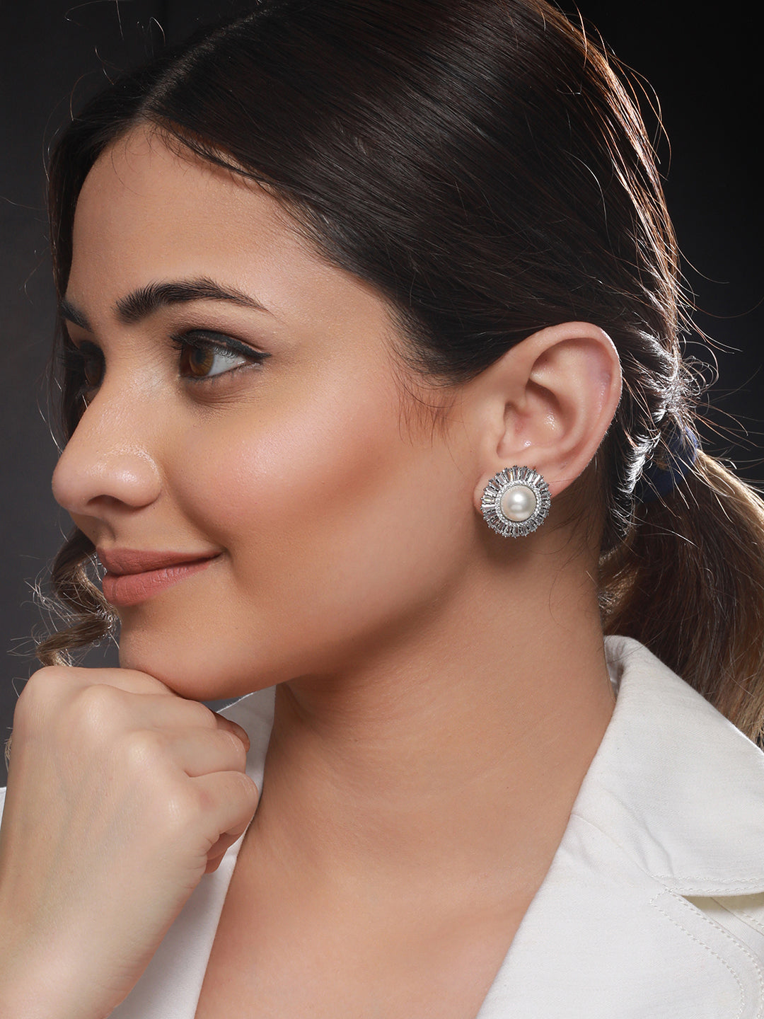 Silver Plated CZ Studded Pearl minimal Studs Earrings