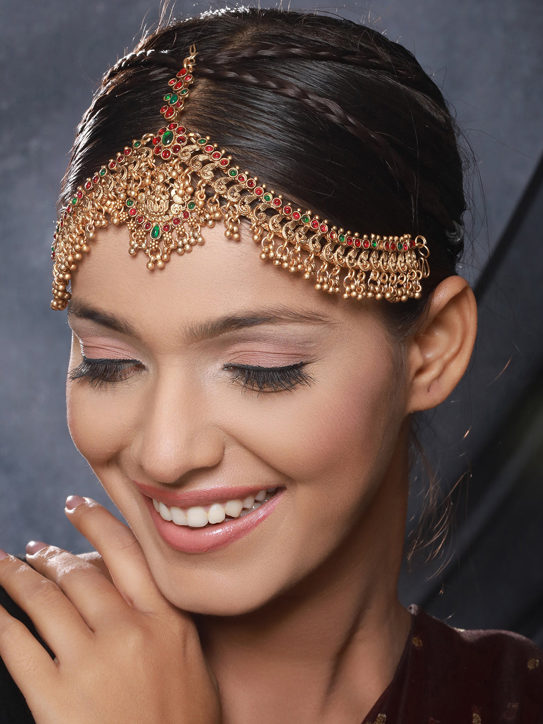 Gold Plated Red Kemp Antique Temple Bridal Damini Matha Patti