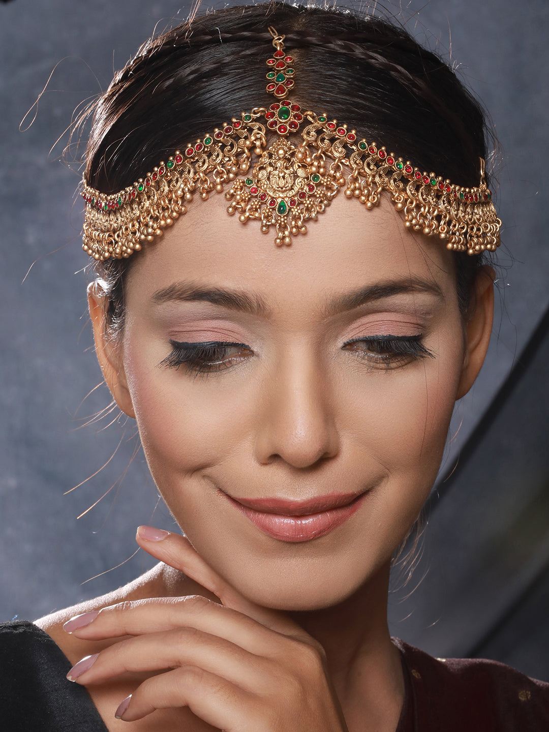 Gold Plated Red Kemp Antique Temple Bridal Damini Matha Patti