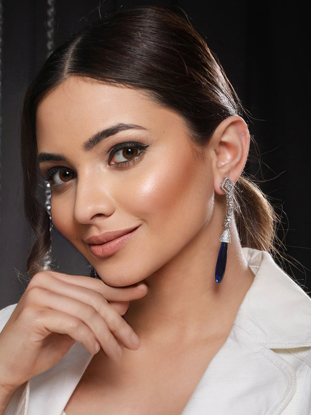 Silver Plated Blue AD Studded Drop statement  Earrings