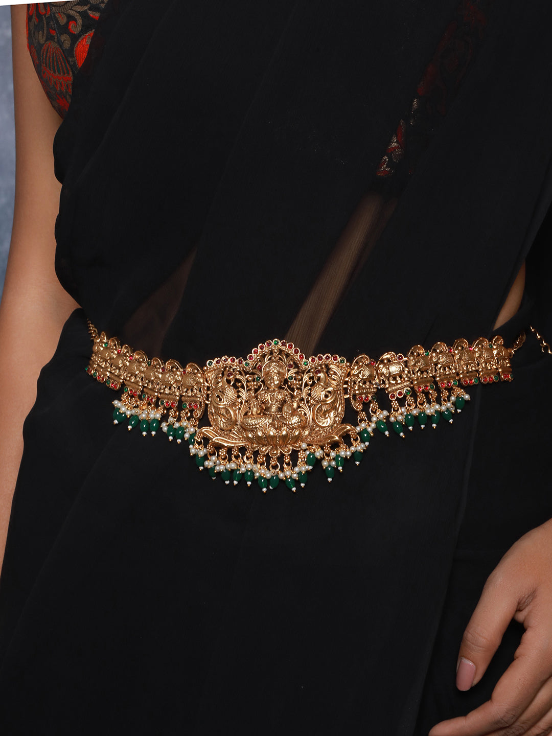 Matte Gold Plated Green Pearls Beaded Shri lakshmi Motif Bridal Hip Belt Kamarbandh
