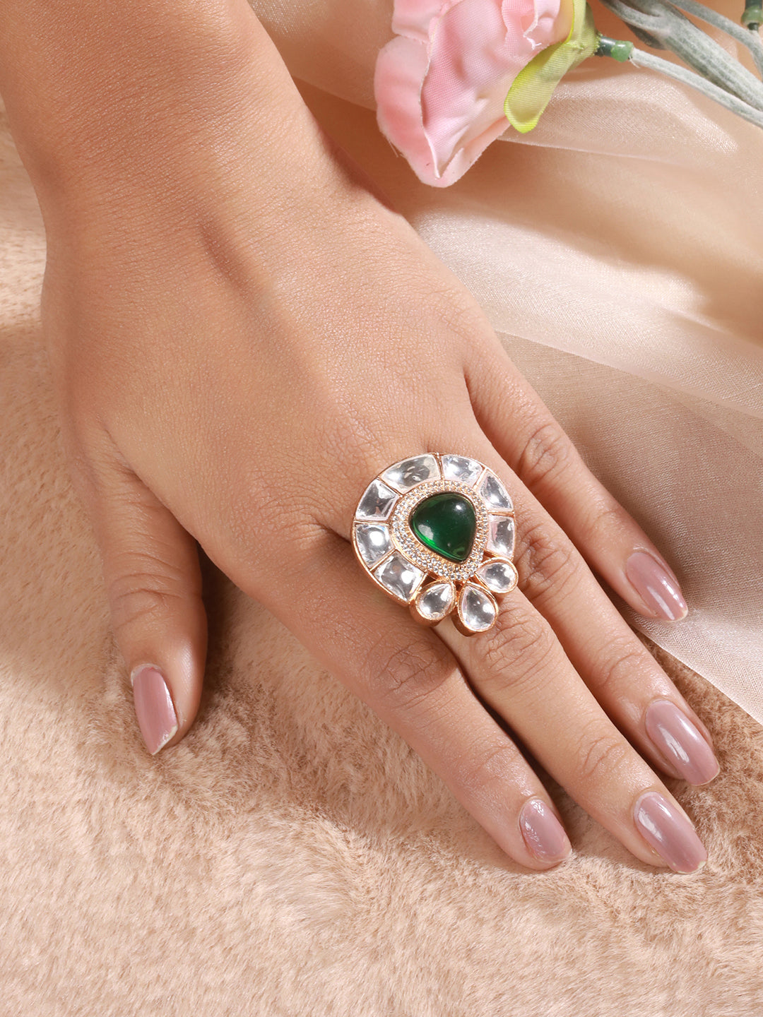 Gold Polish Green Polki Kundan Designer Adjustable Engagement Finger Ring