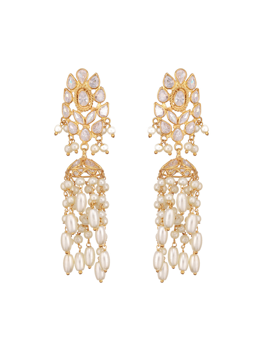 24K Gold Plated Kundan Studded Pearl Beaded Dropdown Minimal Lightweight Earring