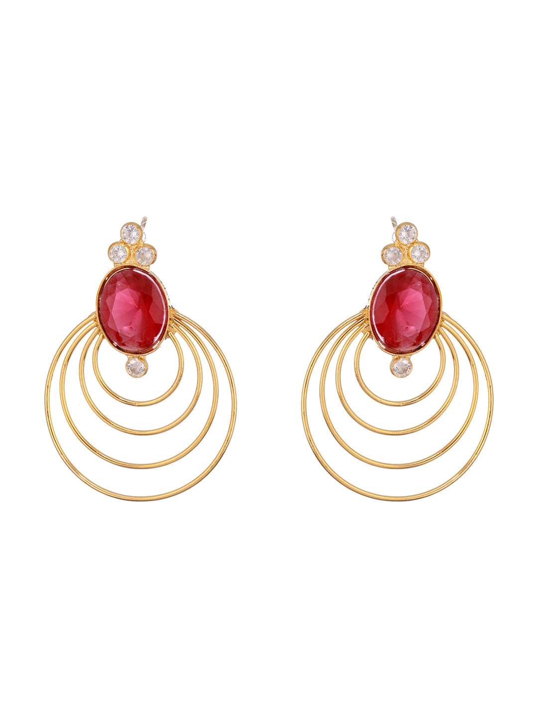 24K Gold Plated Red Ruby Circular Minimal Chunky  Chandbali Luxe Studds Earrings