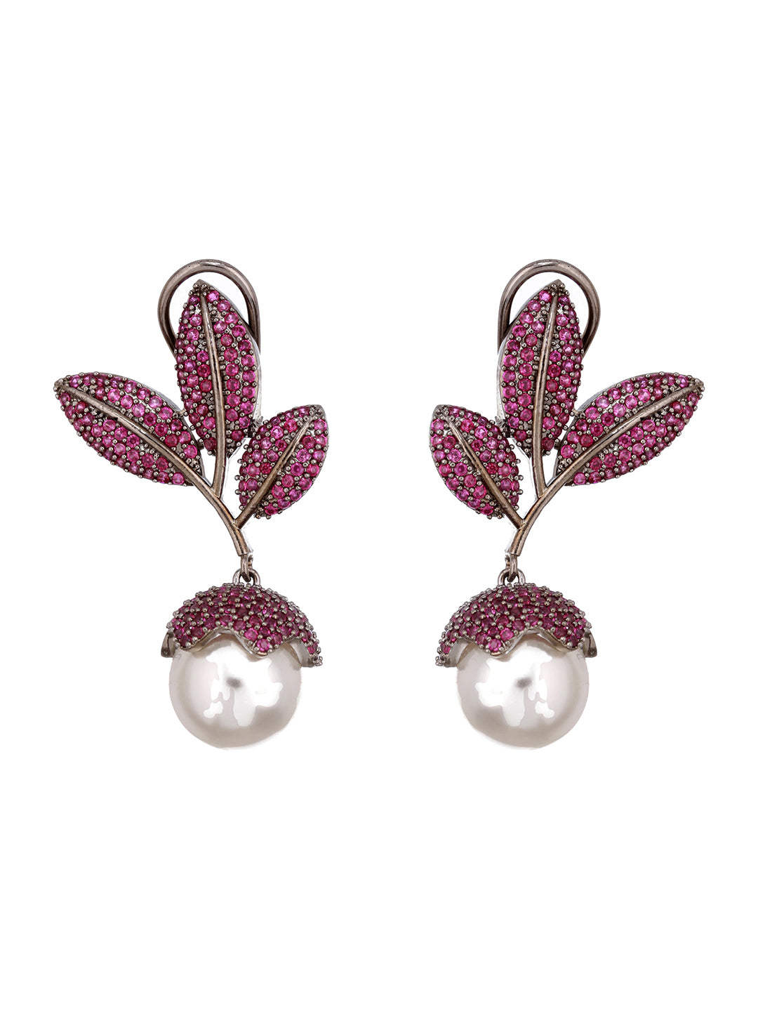 Silver Plated Red AD & Pearl Studded Luxe Designer Floral Designer  Earrings