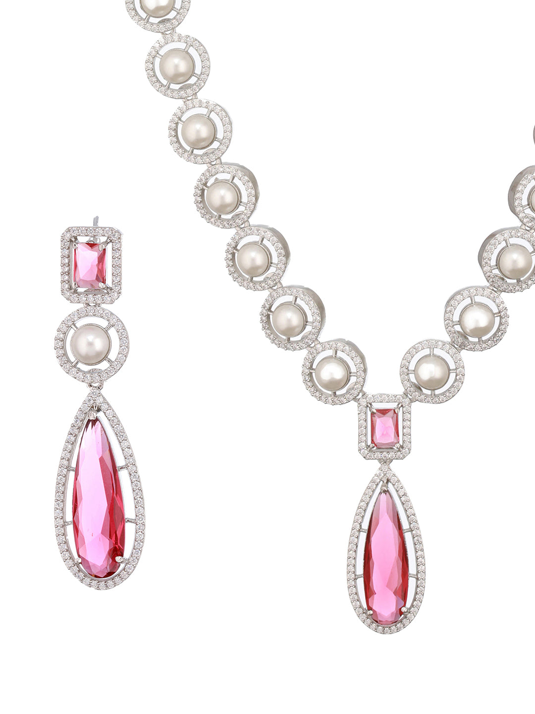 Silver Rhodium  Red Zircon Pearl Beaded  Designer Necklace  Jewellery  Set