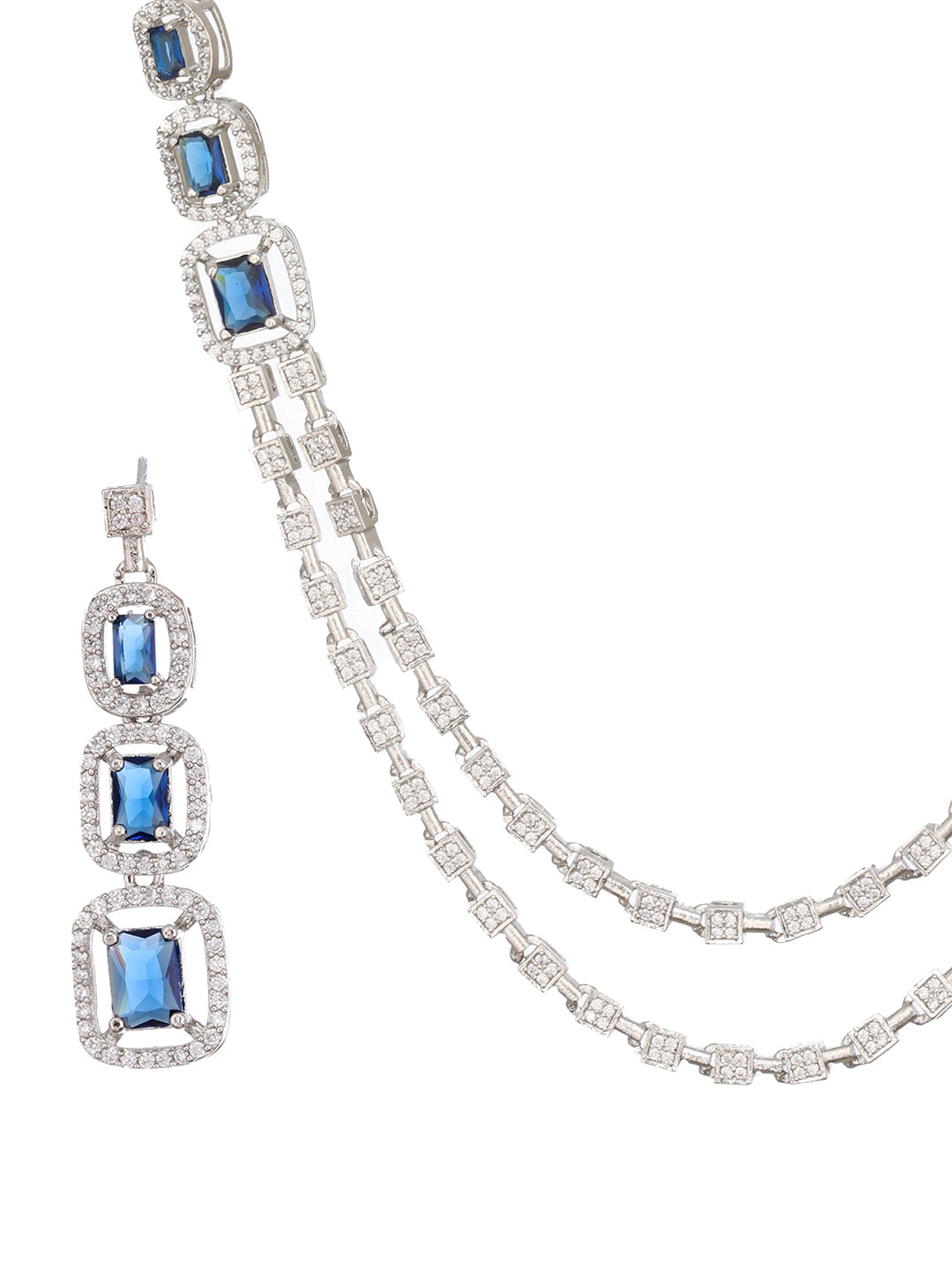 Silver Plated  Blue Zircon Studded Double Lined Bridal Designer  Jewellery set