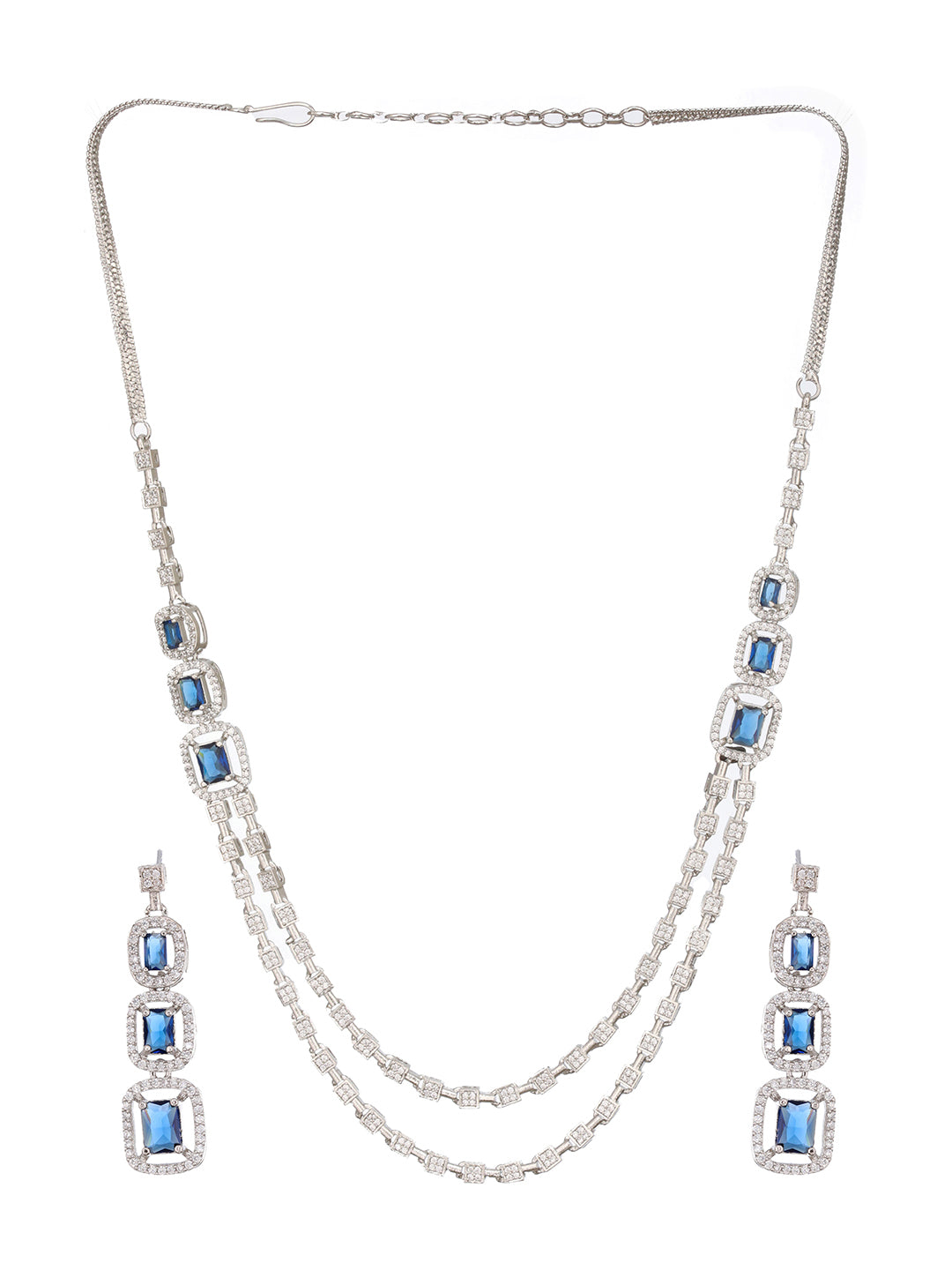 Silver Plated  Blue Zircon Studded Double Lined Bridal Designer  Jewellery set