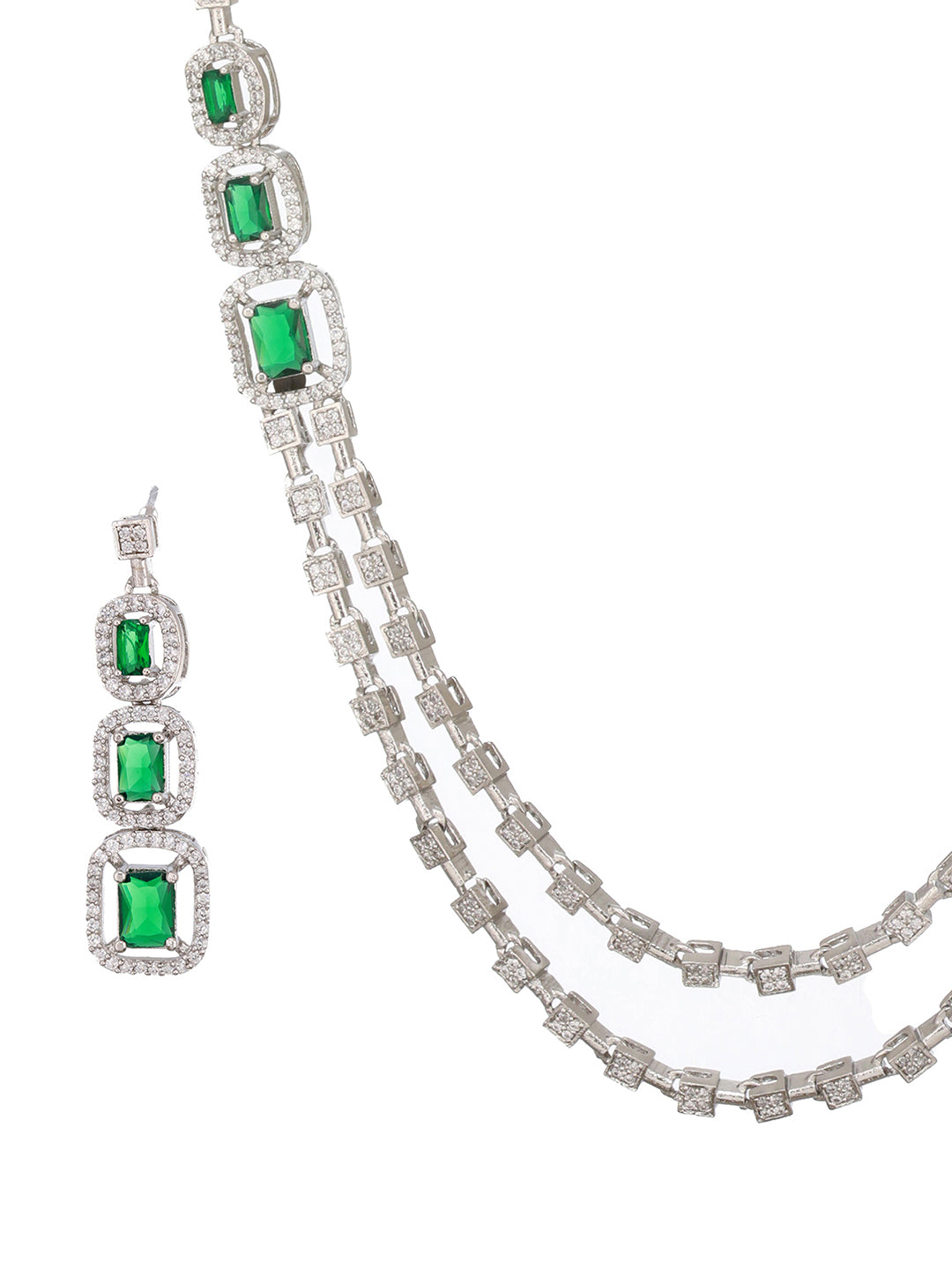 Silver Plated  Green Zircon Studded Double 2 Lined Bridal Luxe  Jewellery set