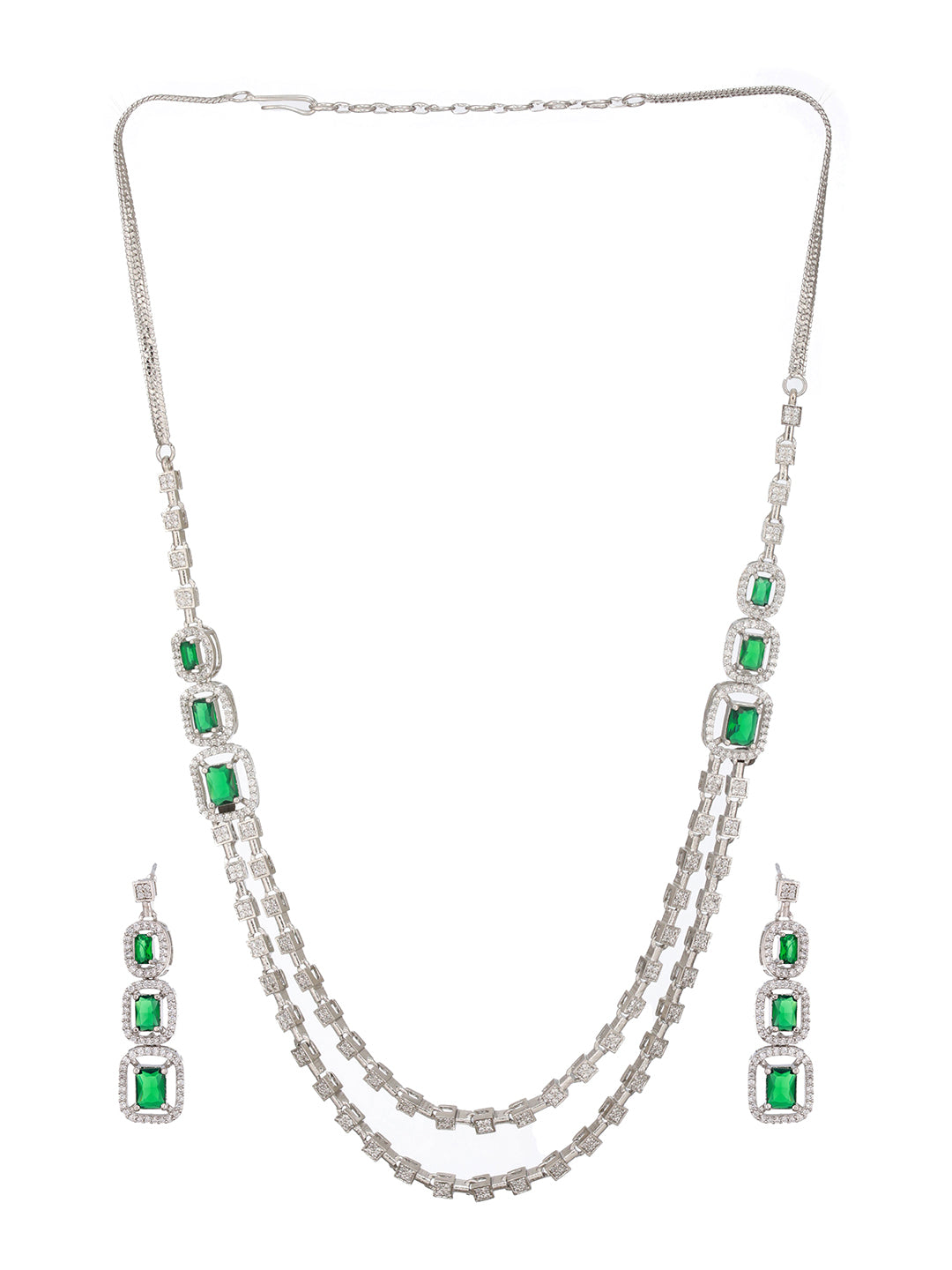 Silver Plated  Green Zircon Studded Double 2 Lined Bridal Luxe  Jewellery set