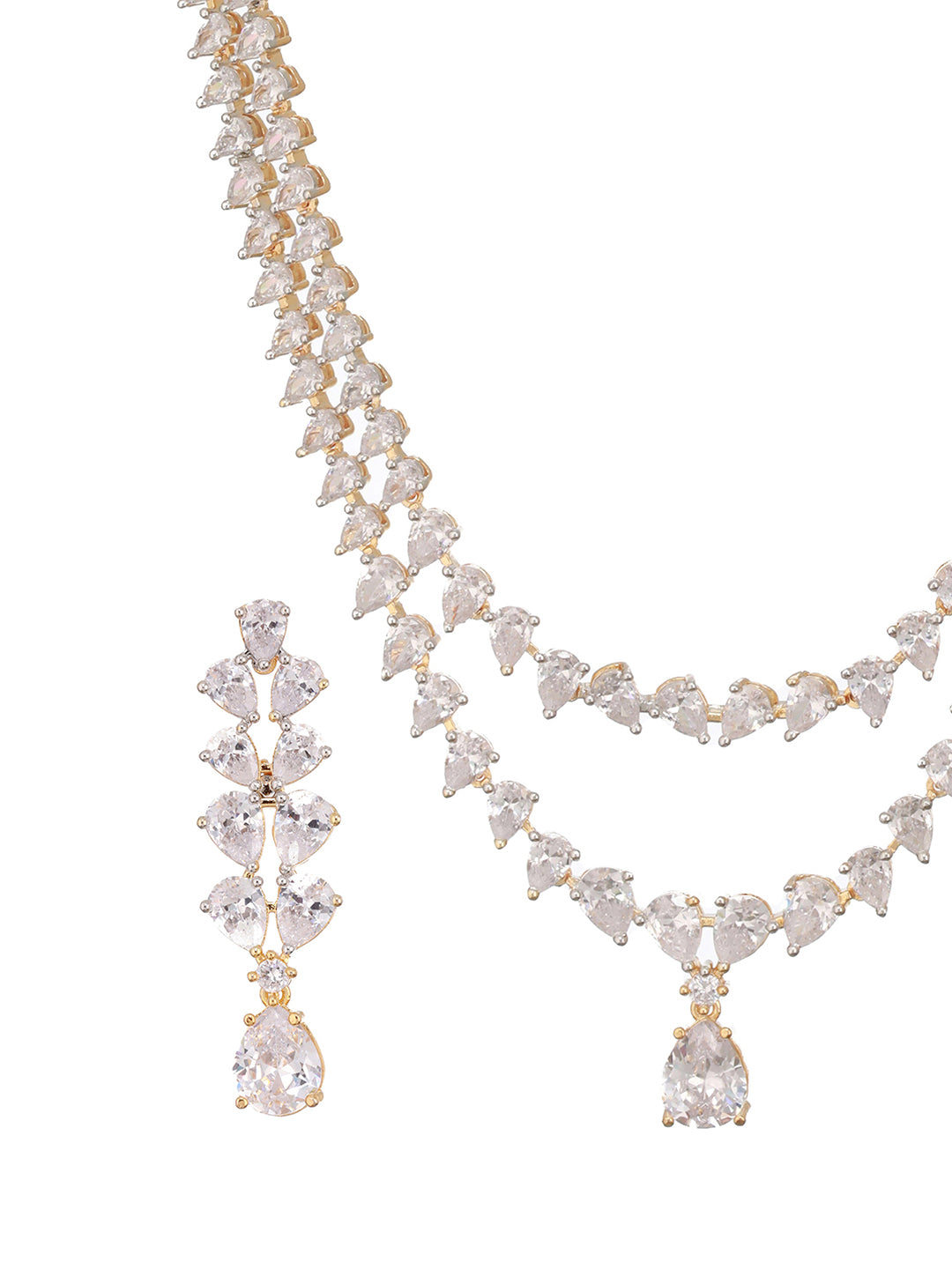 Gold Plated Zircon Studded Double  Lined Pear Shaped Solitaire Bridal Necklace jewellery Set