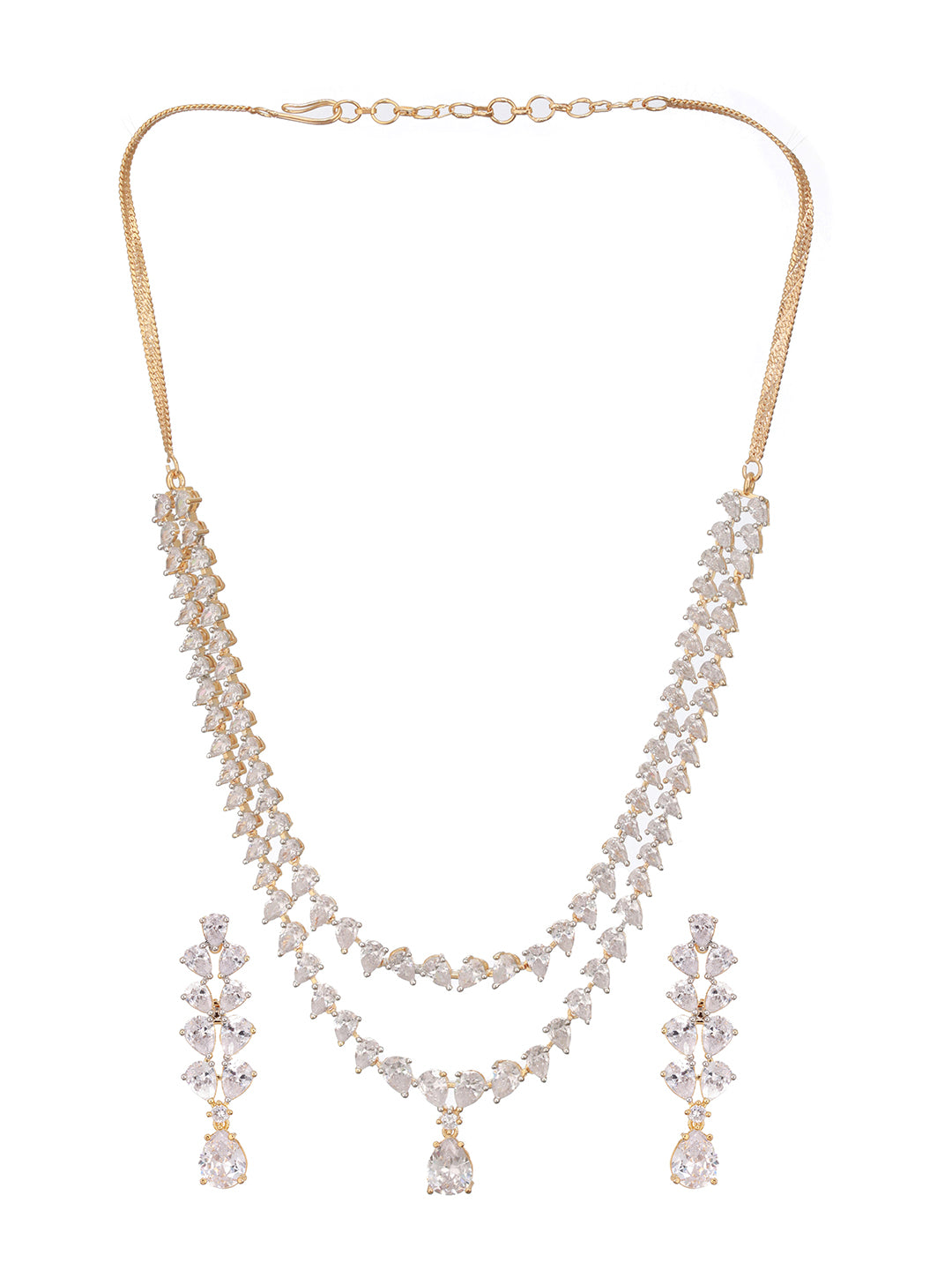 Gold Plated Zircon Studded Double  Lined Pear Shaped Solitaire Bridal Necklace jewellery Set