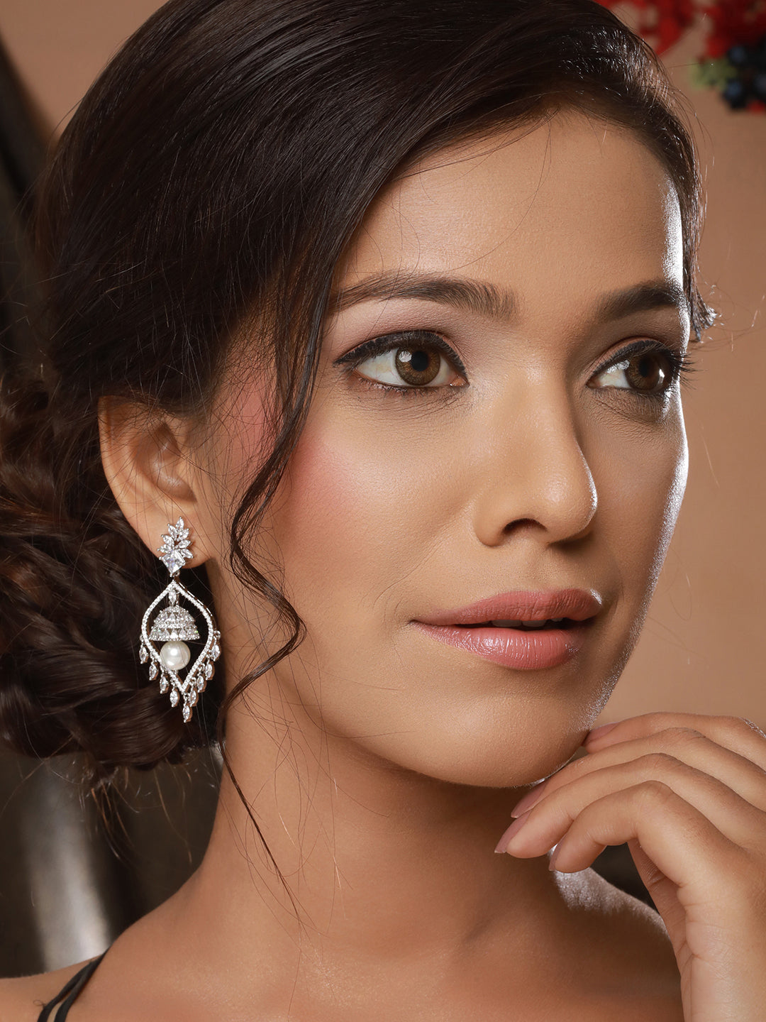 Silver Plated CZ Studded & Pearl Beaded Delicate Jhumka Chandelier Earrings