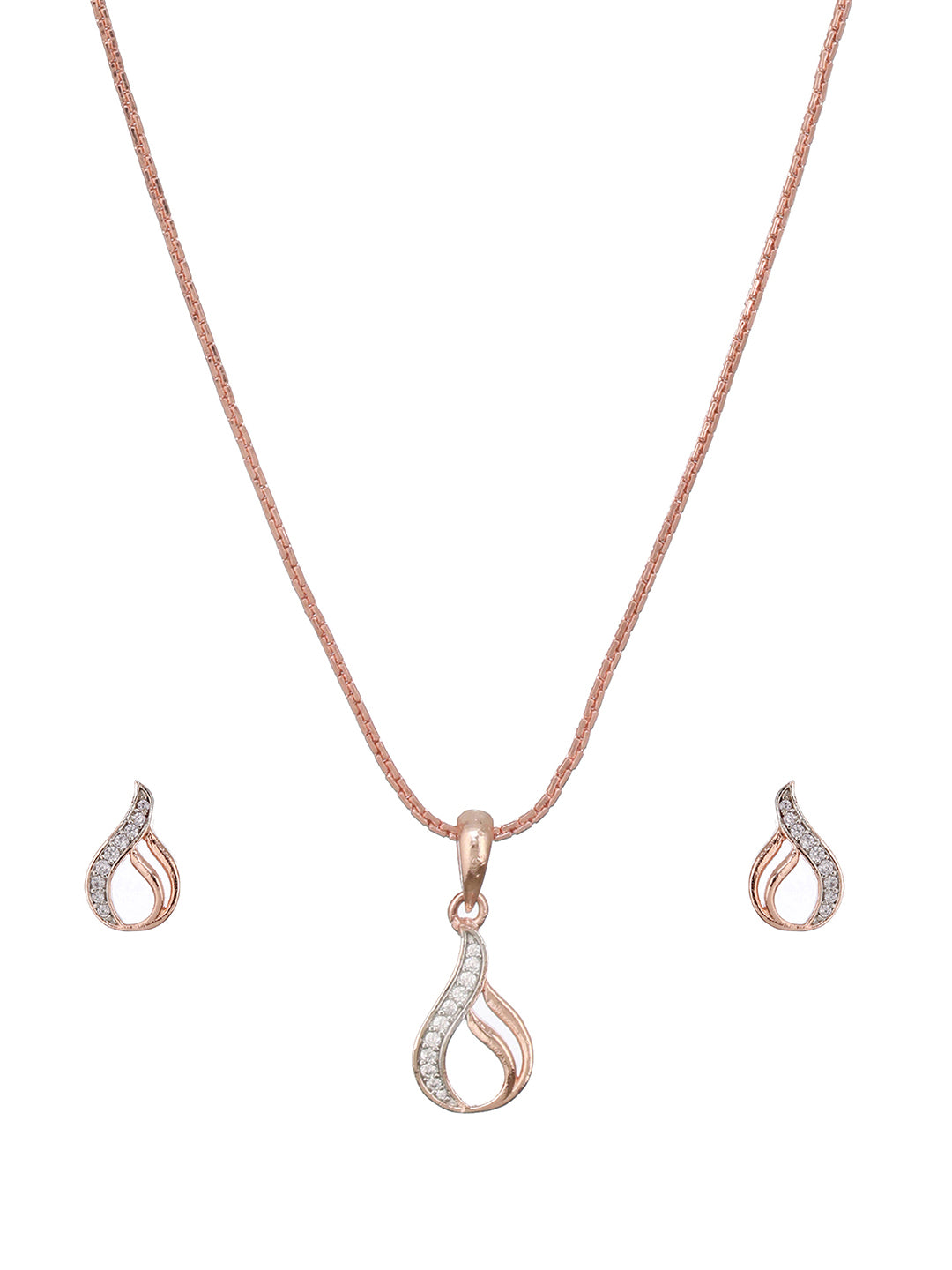 Rose Gold Plated AD Studded Swirl Minimal Pendant Necklace Jewellery Set