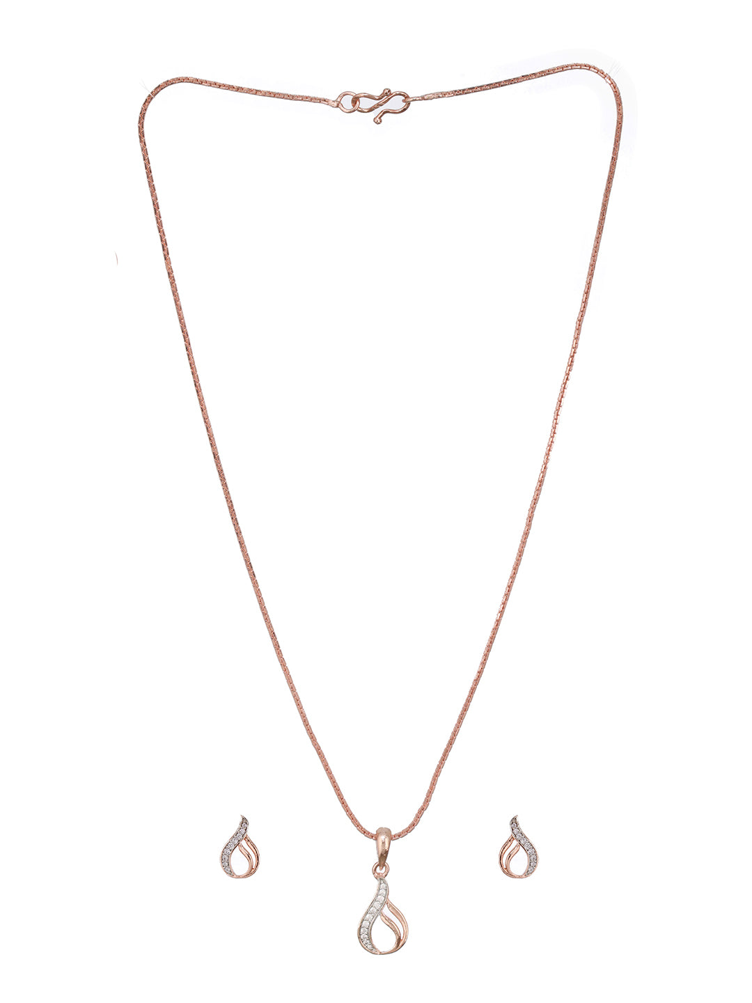 Rose Gold Plated AD Studded Swirl Minimal Pendant Necklace Jewellery Set