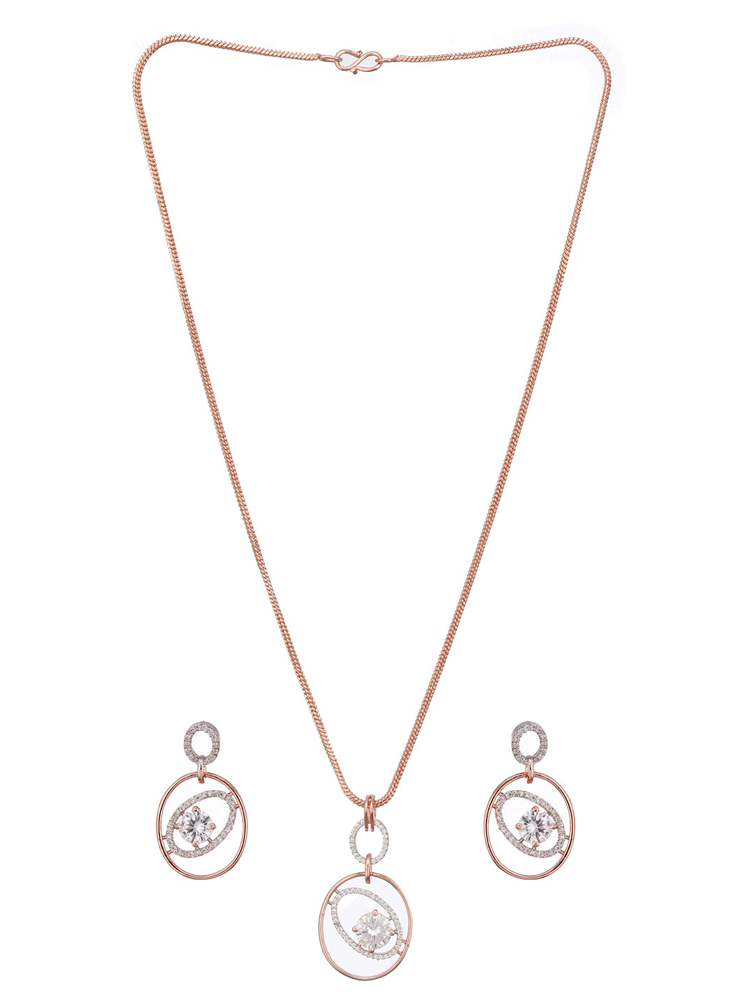 Rose Gold Plated Zircon Studded Solitaire Minimal  Pendant Necklace Jewellery Set