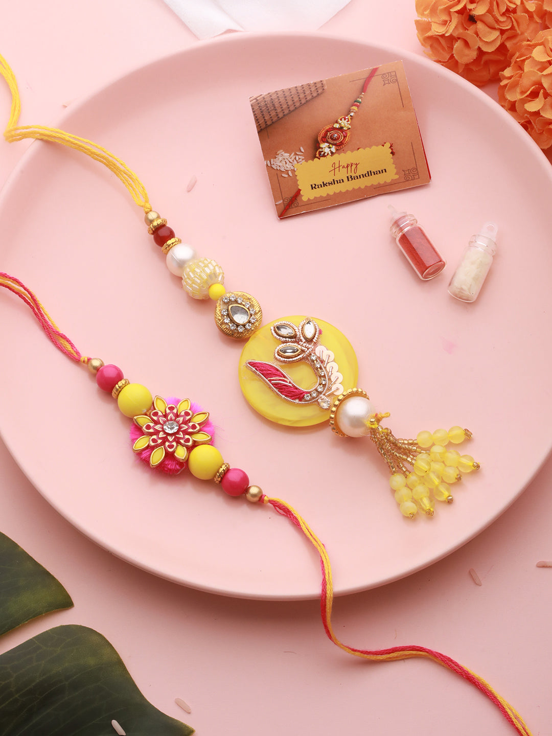 Set of 2 Yellow Kundan  Rakhi For Bhaiya & Bhabhi  Handcrafted Lumba Rakhi Set With Roli Chawal
