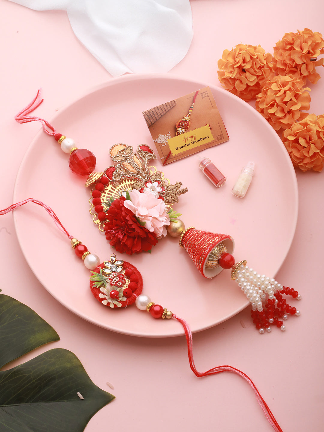 Set of 2 Designer Red  Kundan Zardozi  Handcrafted Lumba Rakhi Set With Roli Chawal For Bhai & Bhabhi