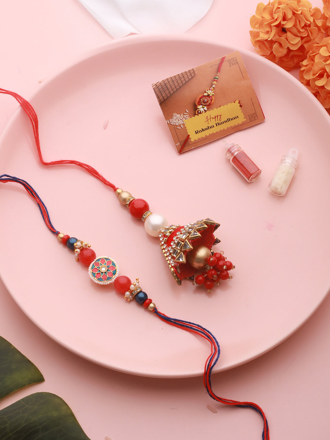 Set Of 2 Designer Red  Kundan & pearl  Handcrafted Lumba Rakhi Set With Roli Chawal For Bhai & Bhabhi