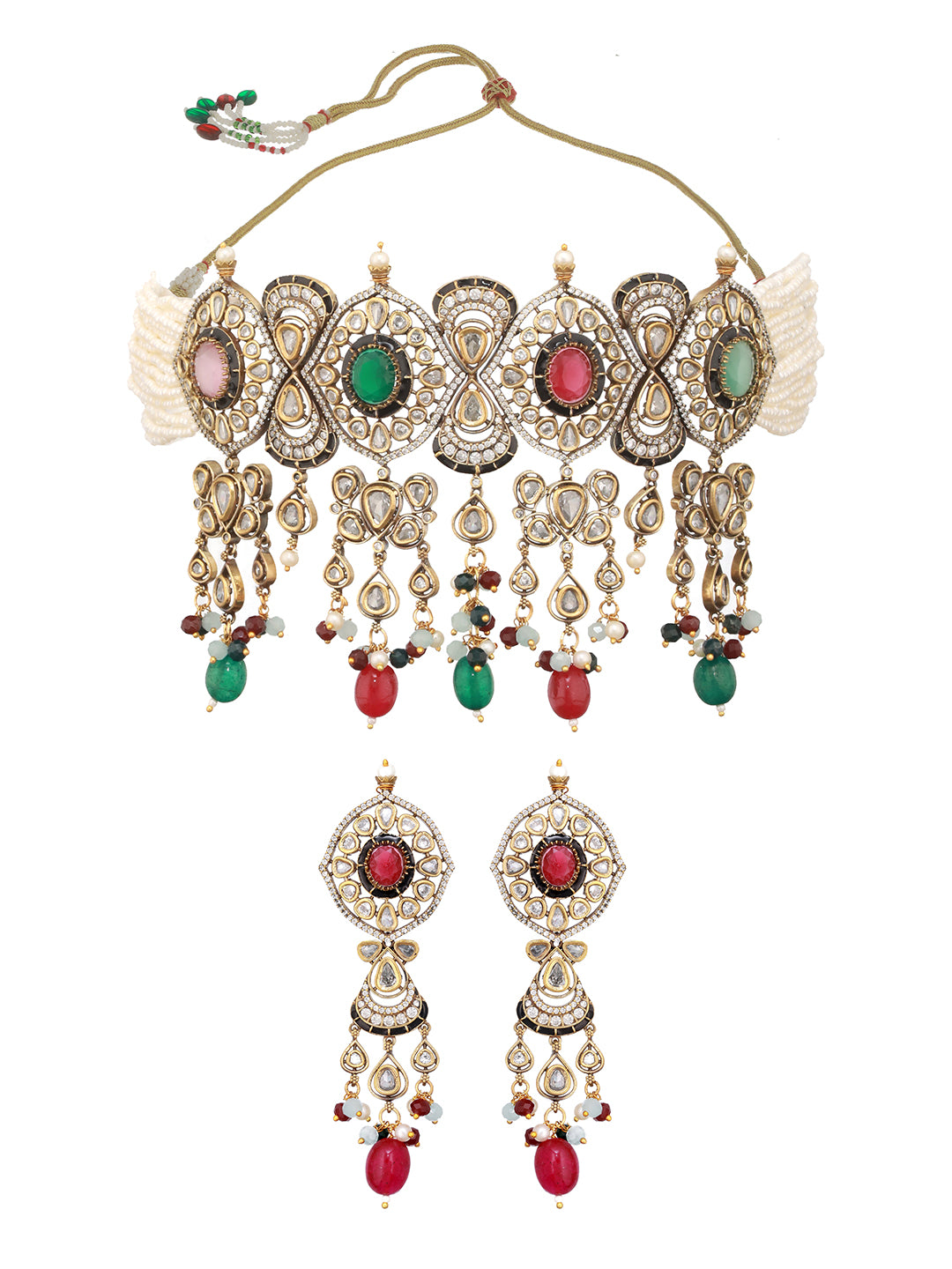 Gold Plated Kundan Studded Multicoloured Bridal Designer Choker Necklace Jewellery set